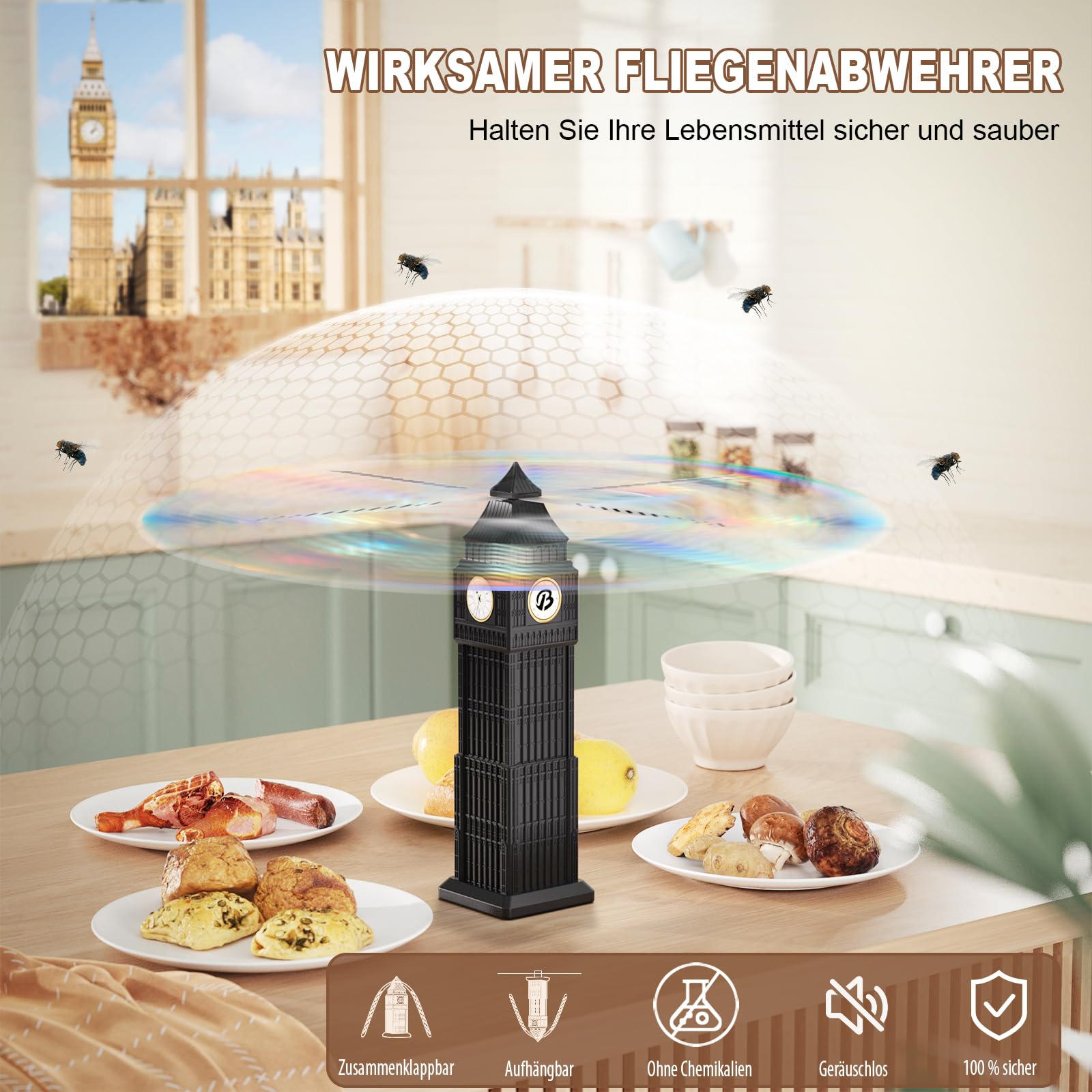 Fliegenwedler, 4 Stück Fliegenvertreiber Fliegenabwehr Ventilator, Fliegenventilator Faltbar und Aufhängbar Insektenschutz Insektenschutzventilator mit holografischen Flügeln