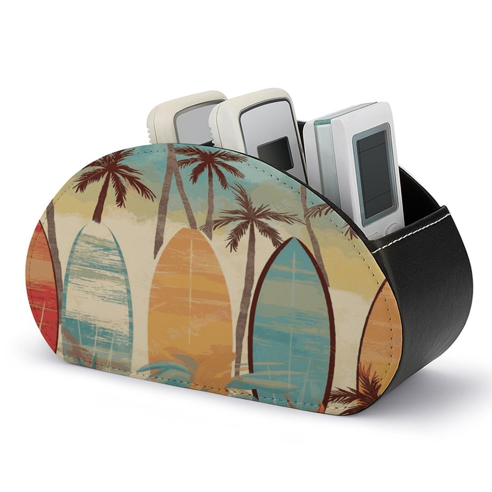 FekiLoot Surfboard Palm Tree Remote Control Holder, PU Leather Remote Control Organizer Box Stationery Remote Control Box Desk Storage Organizer for DVDs,Glasses,Pens,Media Players