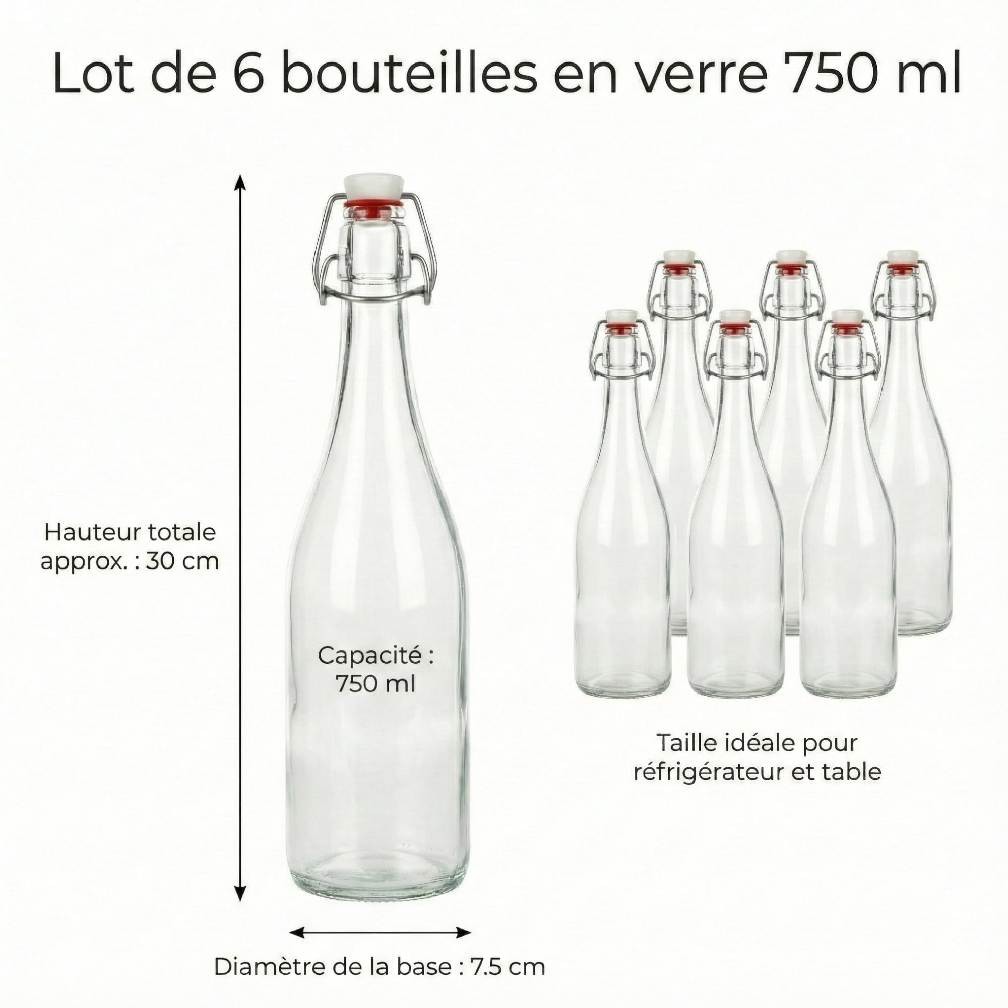 myFERMENTS Kit 6 Bouteilles 750ml en Verre Épais avec Bouchon Mécanique Hermétique | Set Complet Fermentation Bière Kombucha Kéfir Huile | Entonnoir 10cm, Tissu 50x50cm, Joint Porcelaine