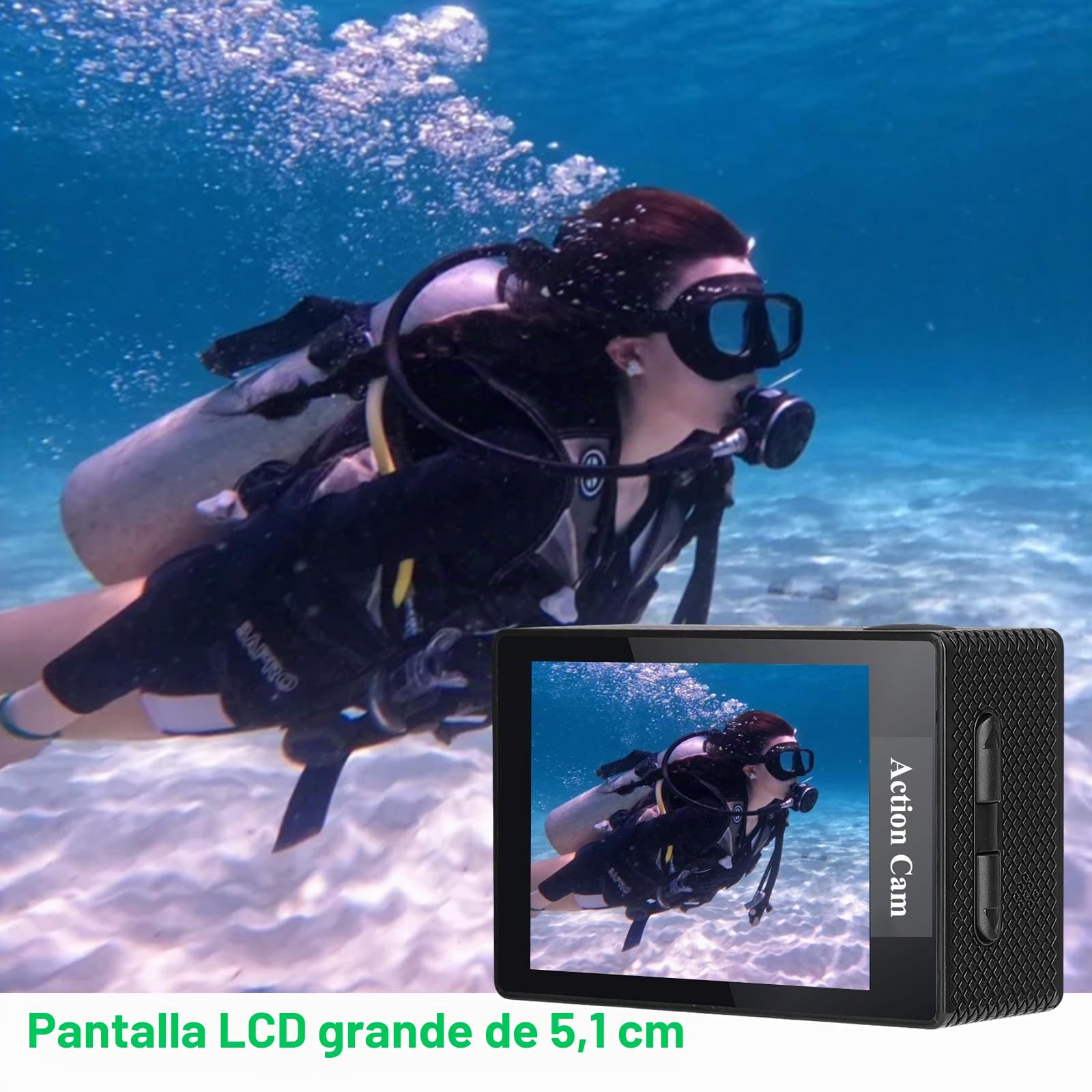 Cámara Deportiva 1080P WiFi Cámara de Acción | Cámara Subacuática Sumergible hasta 30 Metros, Tarjeta 32GB incluida, 2 baterías 1050mAh y juego completo accesorios
