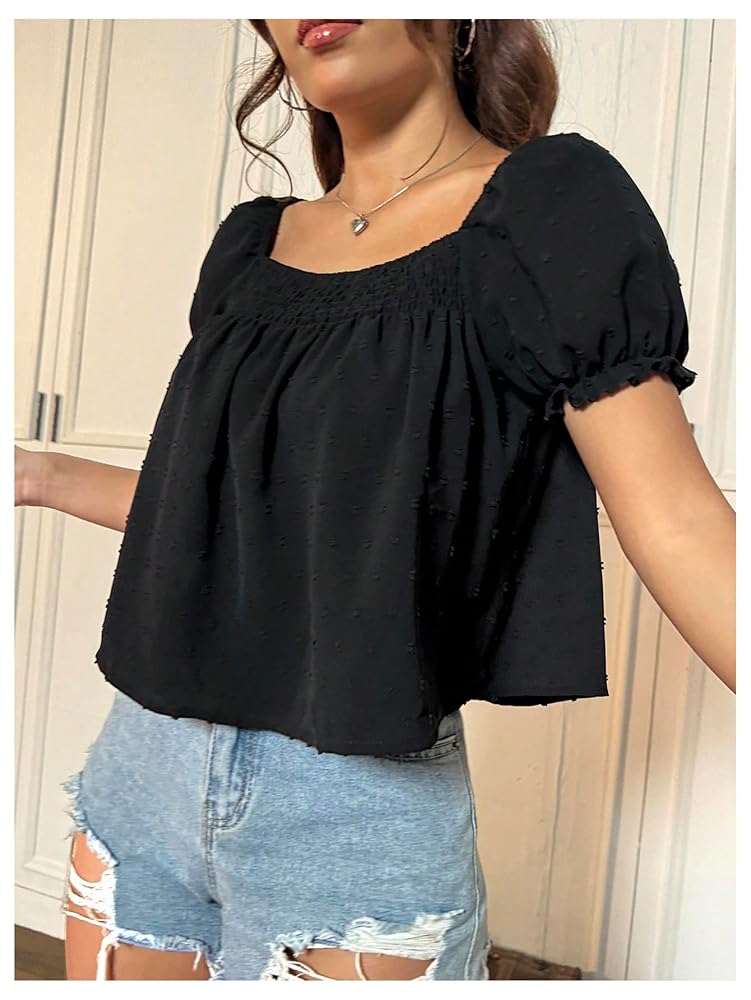 SweatyRocks Women's Square Neck Puff Short Sleeve Blouse