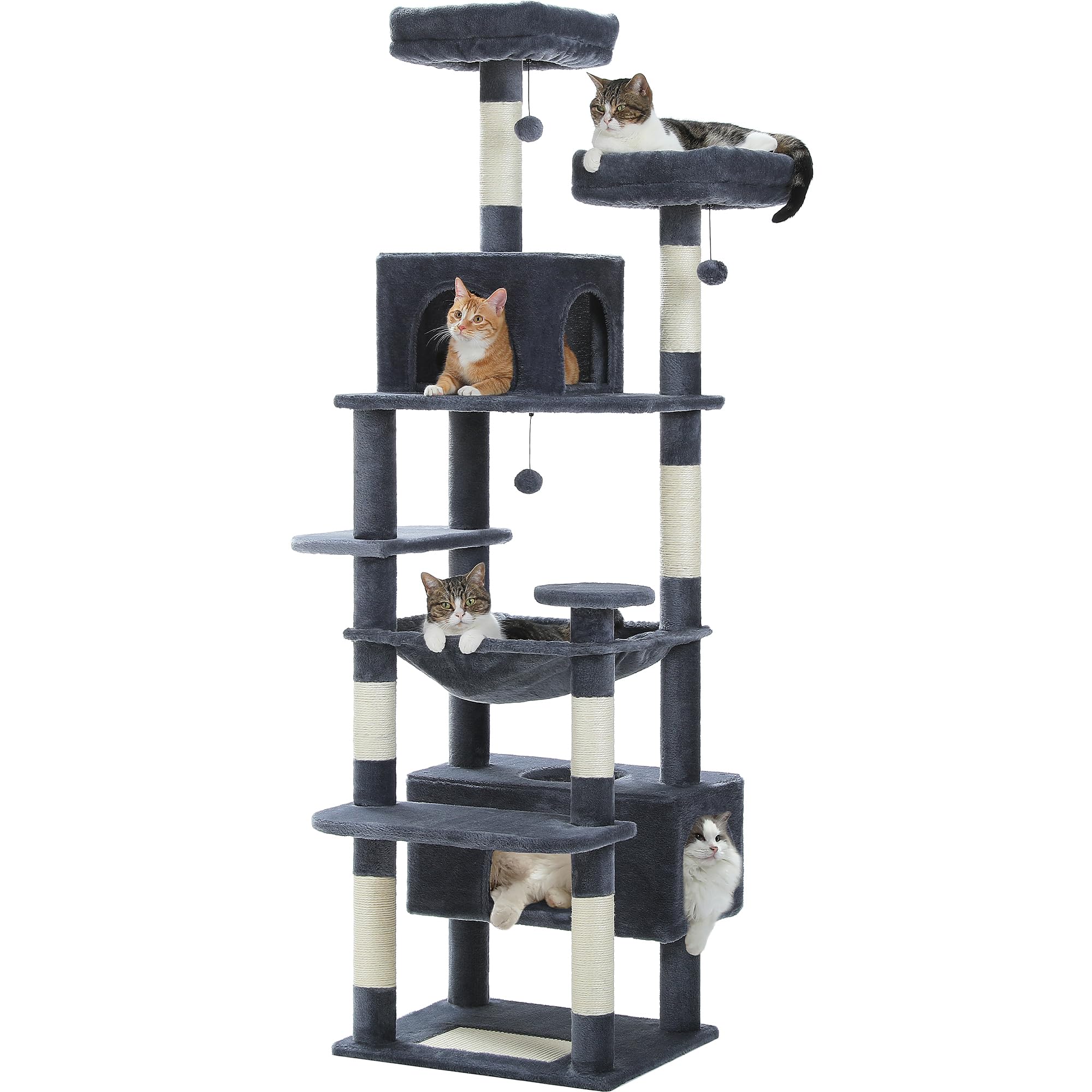 PAWZ Road Cat Tree for Large Cats 184cm, 6.1ft Large Cat Tower with Sisal-Covered Scratching Posts and Pads, 2 Padded Perch, Dual Condo and Basket for Indoor Cats-Dark Grey, 72.4 Inches