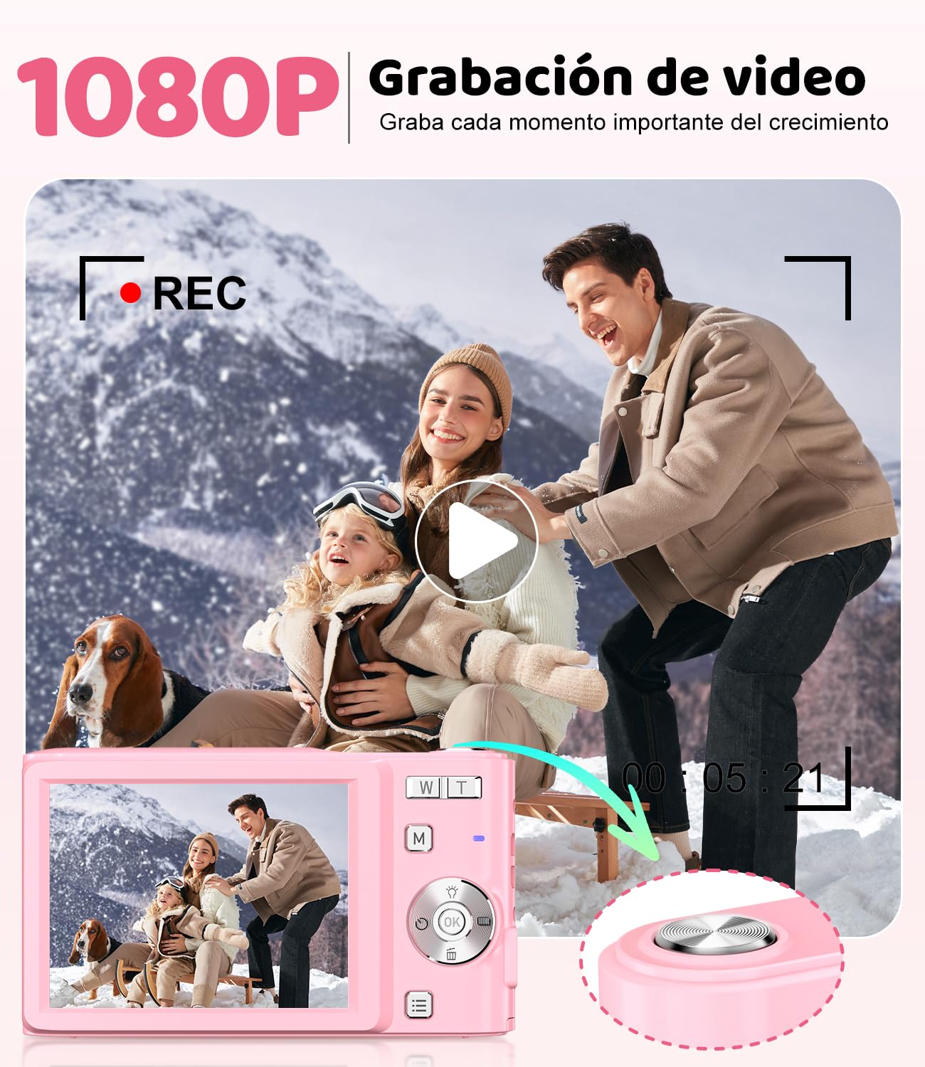 50MP Camara de Fotos Digital Compacta, 1080P FHD Vlogging Cámara Digital con Pantalla 2,4”, Zoom Digital 16X, Antivibración, Minipuerta Adecuado para Niños Estudiantes, Tarjeta de 16 GB(Rosa)