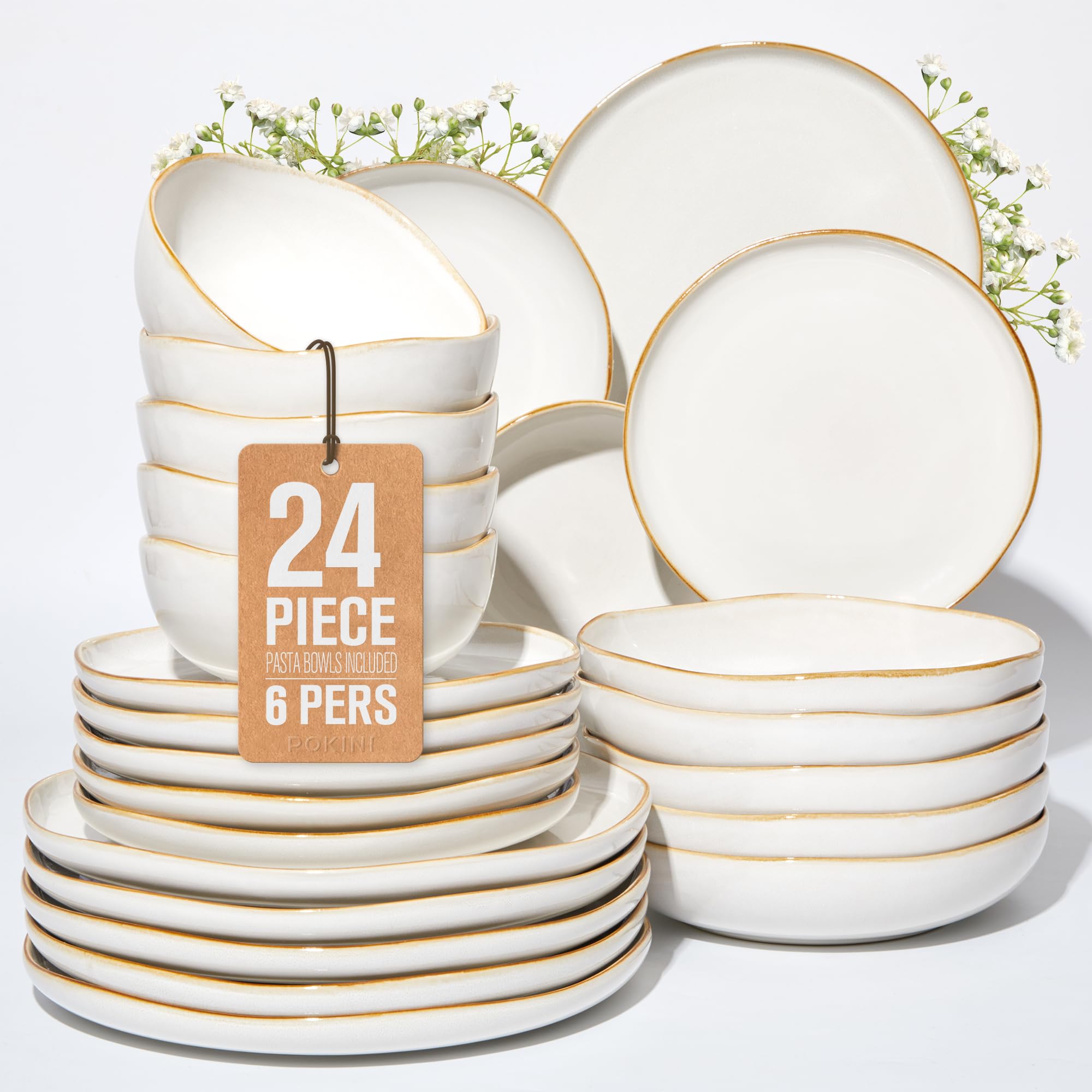 Pokini 24 Pieces Dinnerware Set for 6 with Pasta Bowls, Complete Ceramic Dish Set, Stackable &amp; Glossy Stoneware Plate and Bowl Set for Effortless Everyday Hosting, White