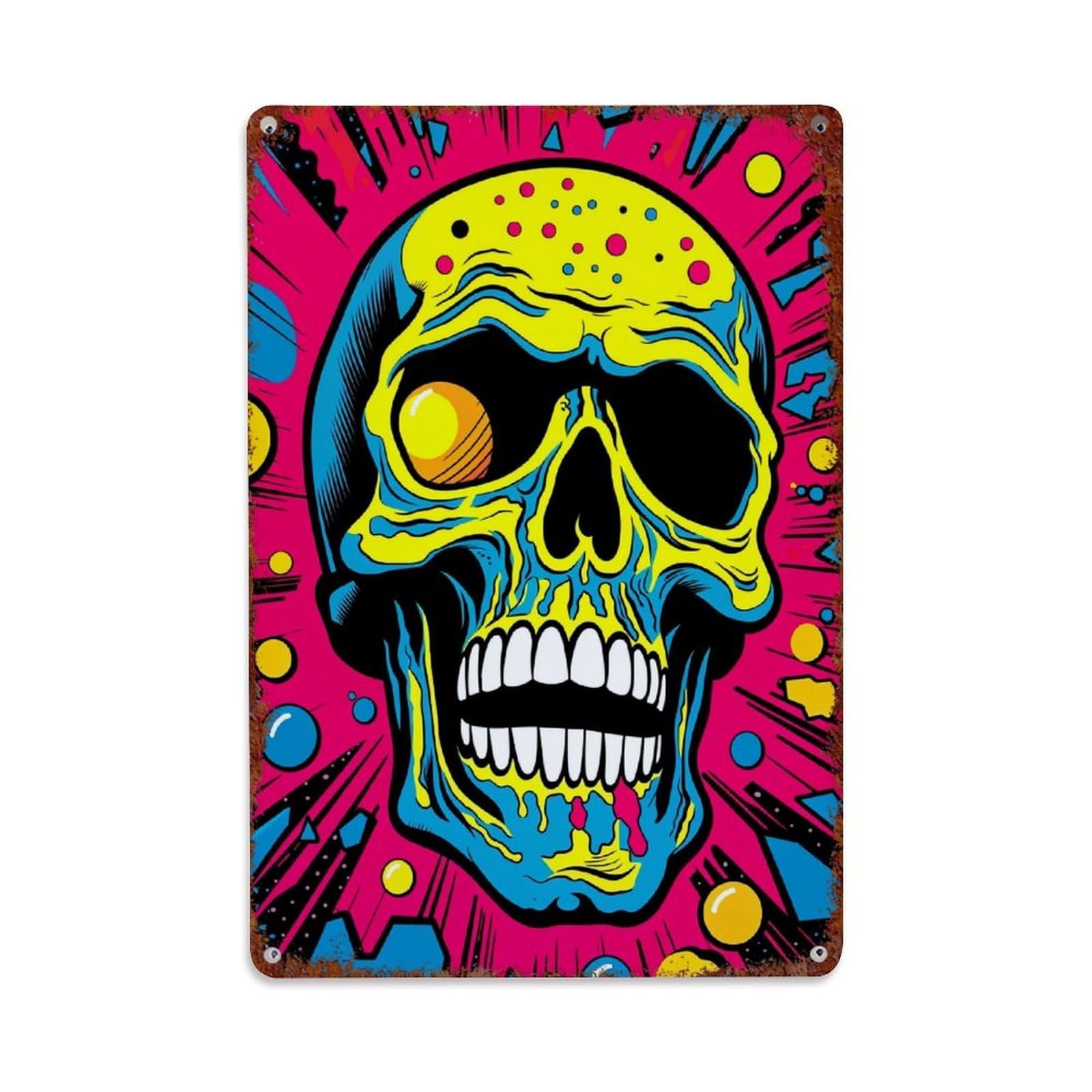 Colorful Skull Pop Art Design Pattern Retro Metal Tin Sign, Vintage Decor Art Poster for Bar, Home, Man Cave, Kitchen, Laundry Room Gift 8x12Inch