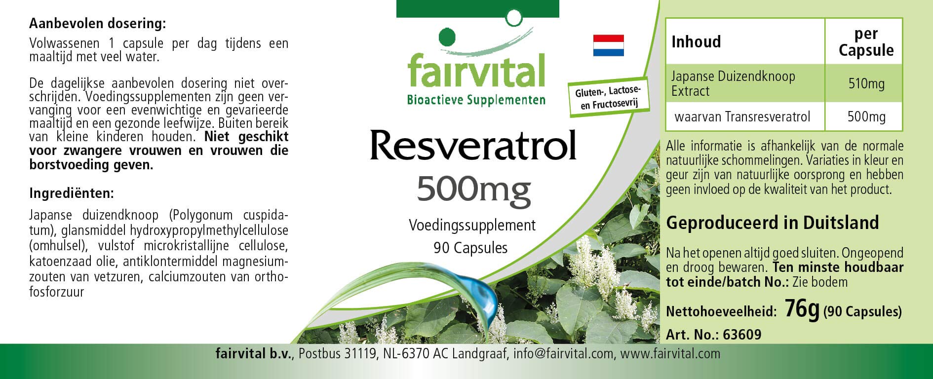 fairvital Resvératrol 500mg, 90 gélules, 500mg de trans-resvératrol par gélule, HAUTEMENT DOSÉ, à base d'extrait de renouée, végétalien