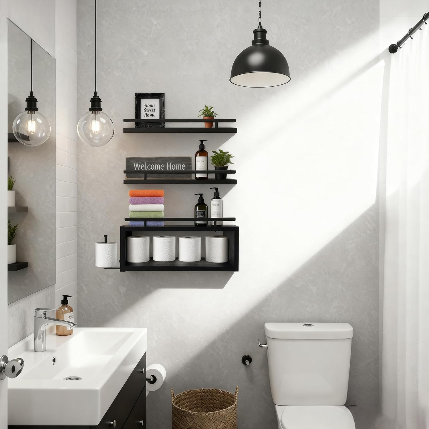 OurWarm Wood Floating Shelves for Wall Set of 3, Black Bathroom Shelves Over Toilet Organizer with Paper Towel Holder, Black Wall Shelves for Bedroom Kitchen Living Room Decor