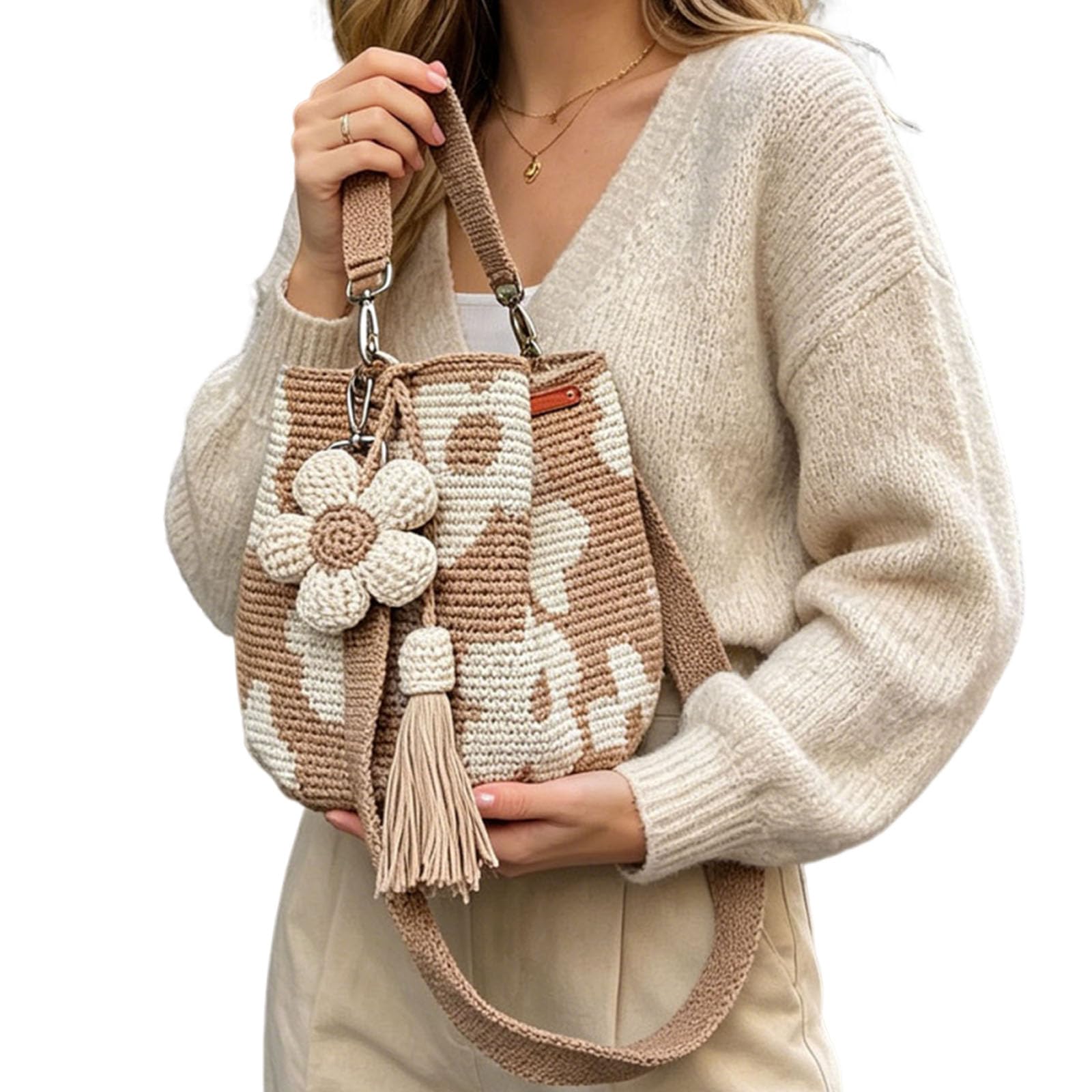 Bolso bandolera de verano en crochet con pompón de flores, estilo bohemio ligero para mujer en playa y vacaciones
