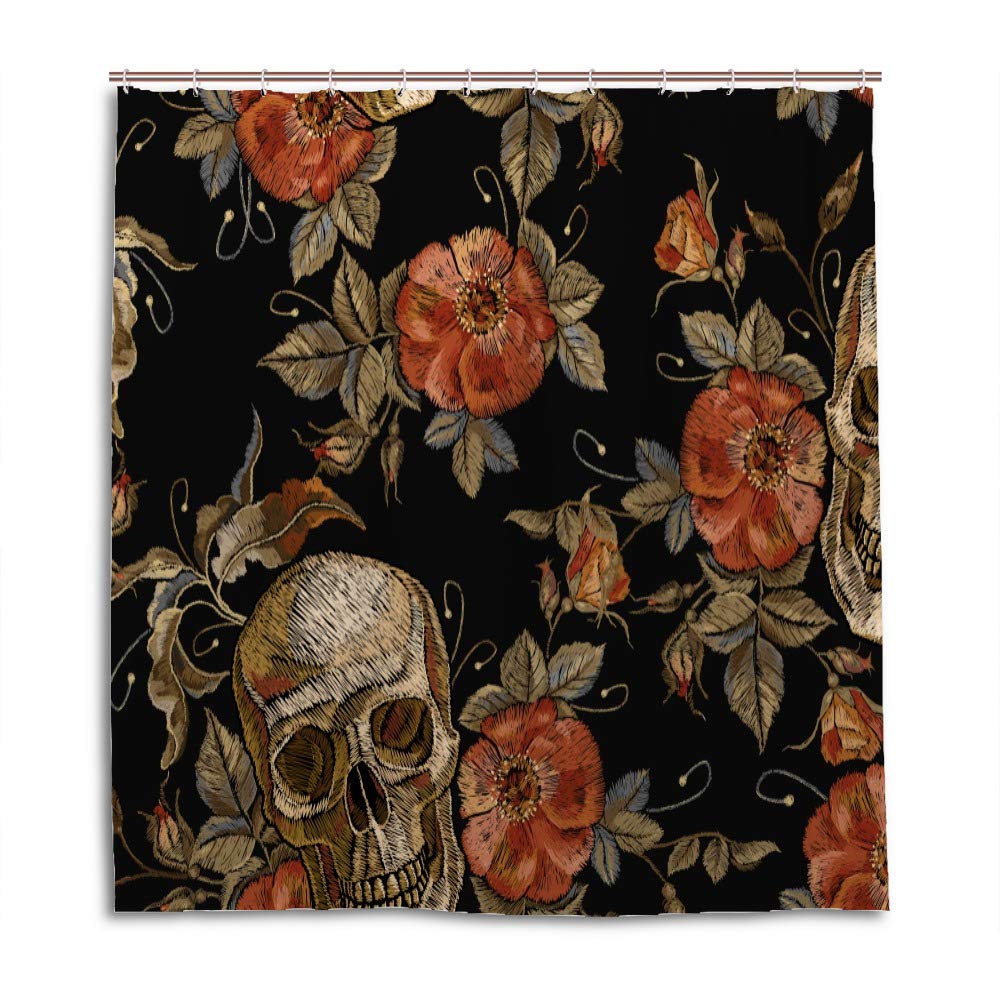 Rideau de douche Chenhong tête de mort et roses en polyester vintage 168x182 cm