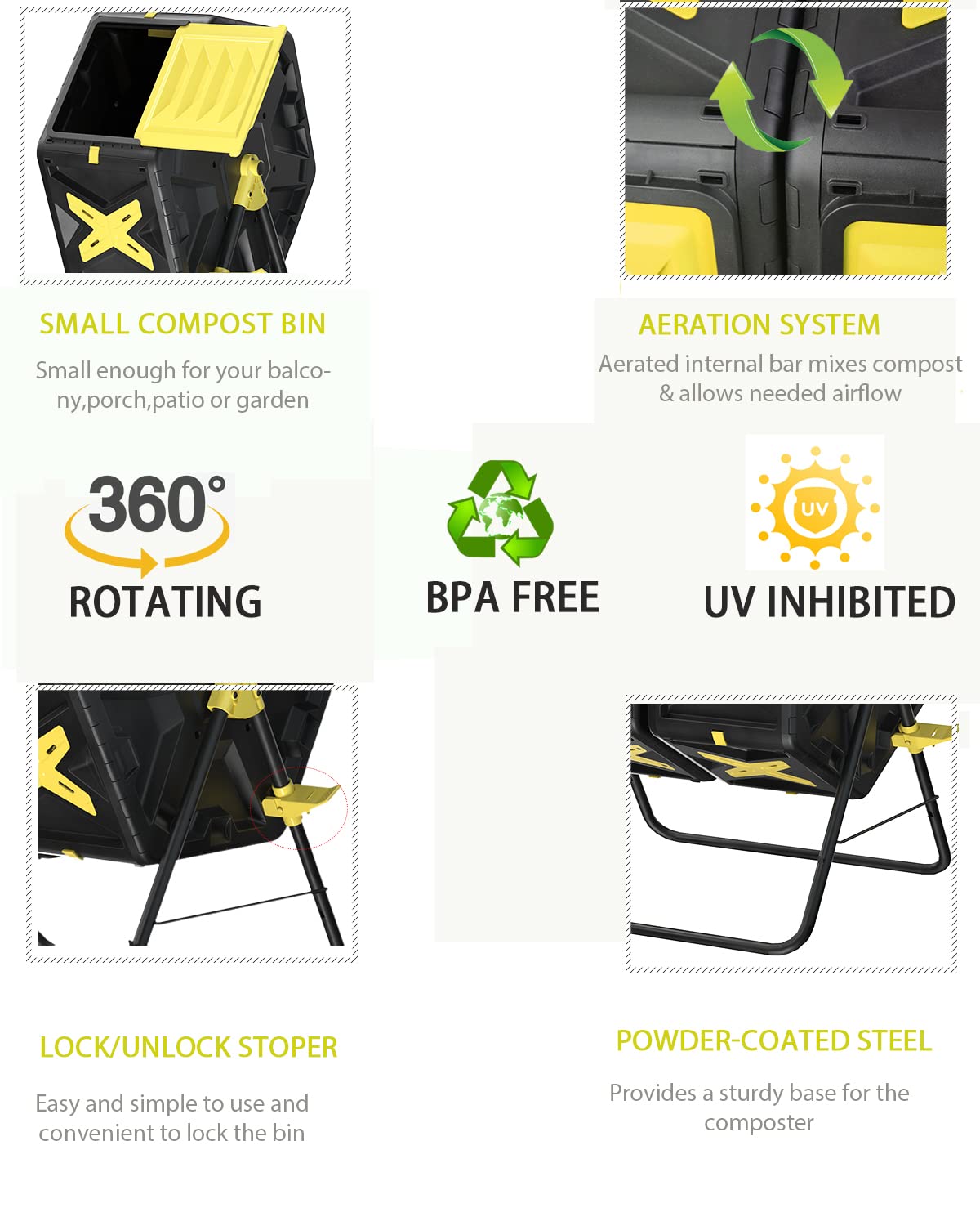 Pequeño contenedor de abono de Material Libre de BPA, compostadores de una Sola cámara de 18.5 galones para Voltear o Girar al Aire Libre, Gran Regalo de jardinería para Mujeres y Hombres para