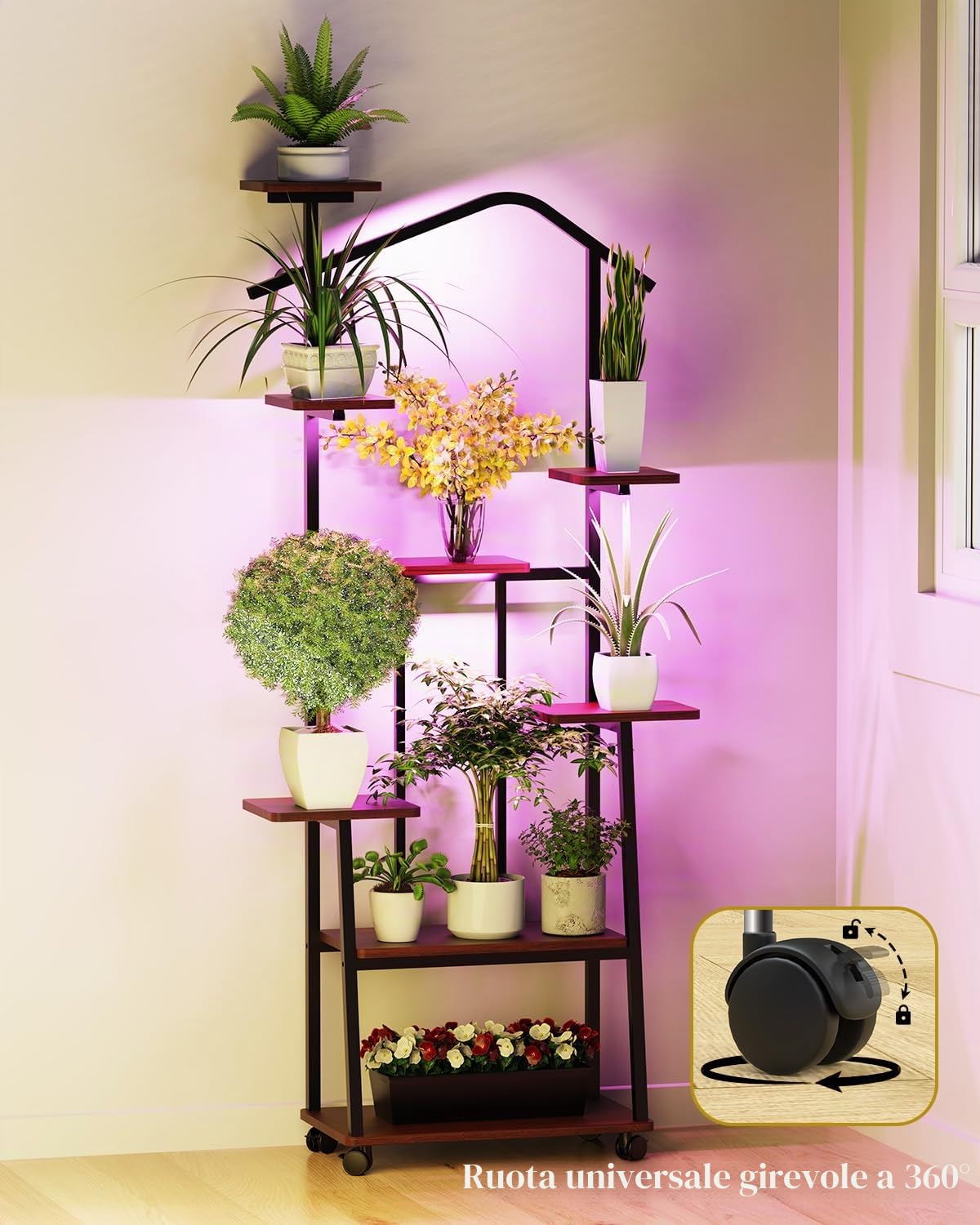 Supporto per piante con luce a spettro completo, scaffale per piante a 8 livelli, 157 cm, in metallo e legno, supporto decorativo per interni ed esterni, balcone e giardino (con ruote)