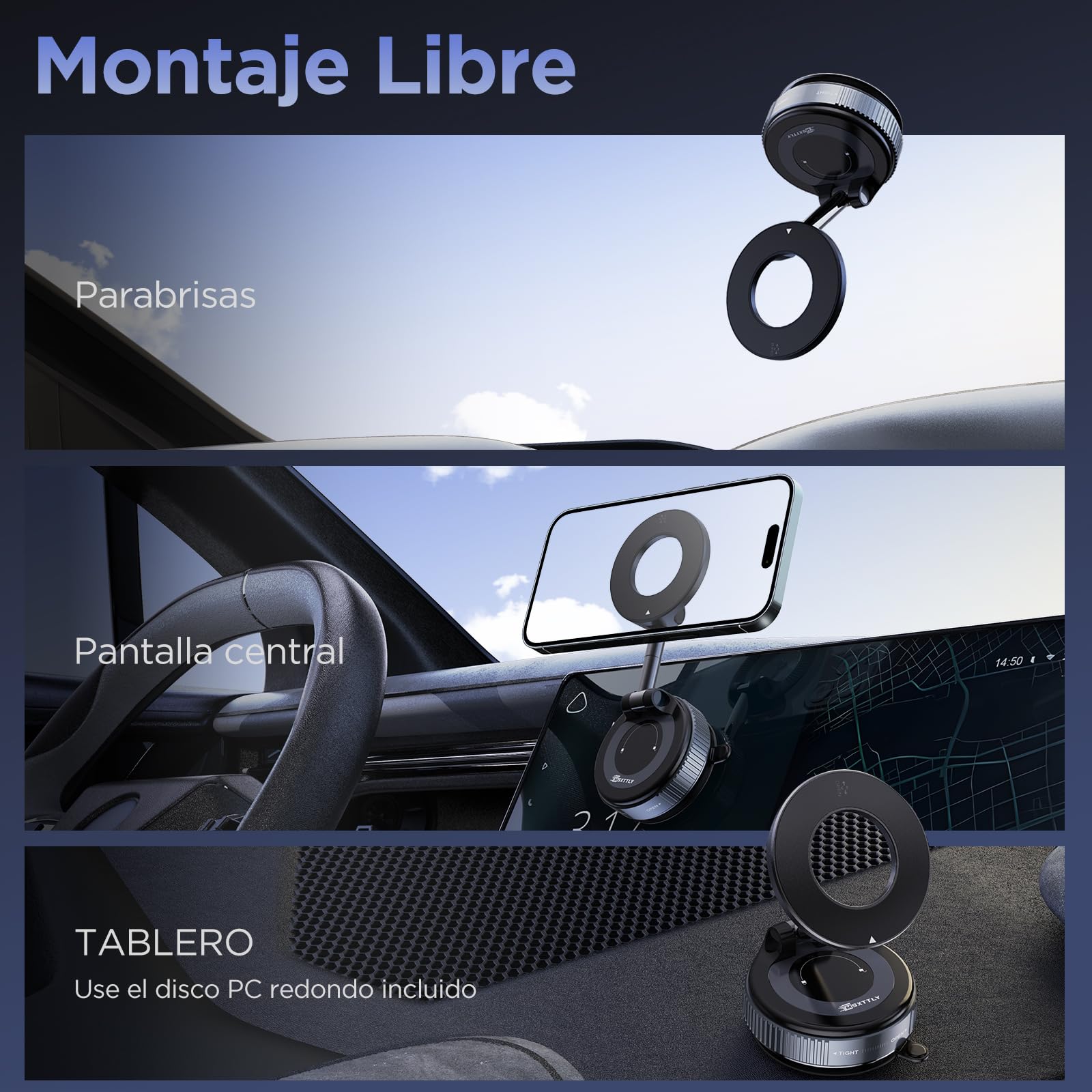 MSXTTLY Soporte Magnetico Movil Coche, [Vmag-S1] Portátil Soporte Movil Coche Ventosa con mag- Safe, Ajustable 360°, Compatibles con iPhone 17 Pro MAX - 16 15 14 13 12 e Android, Negro