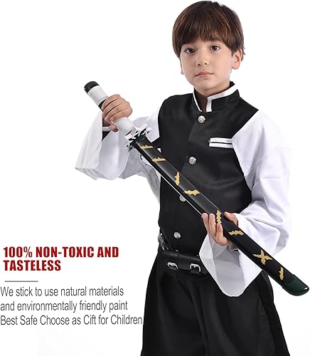 Vista 36 de Demon Slayer - Espada para niños de 31 pulgadas, hoja de bambú con cinturón y soporte de espada, espada de anime de textura original, Katana Demon