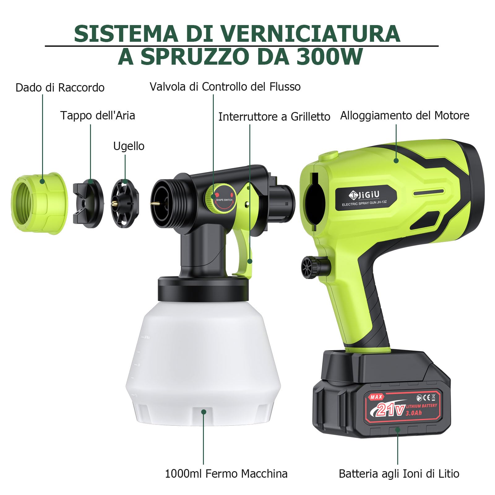 JiGiU Pistola Verniciatura HVLP 300W Professionale Portatile con Batteria, 6 Ugelli Intercambiabili (1.0-3.0mm) e Serbatoio 1000ml - Per Mobili, Porte, Pareti e Progetti Fai Da Te