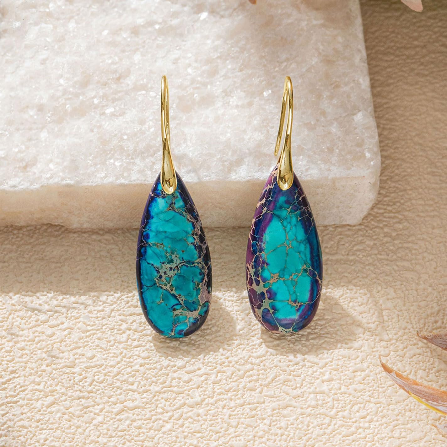 925 Sterling Silver Natural Imperial Jasper Dangle Drop Earrings, Waterdrop Shape, Boho Style - Image 4