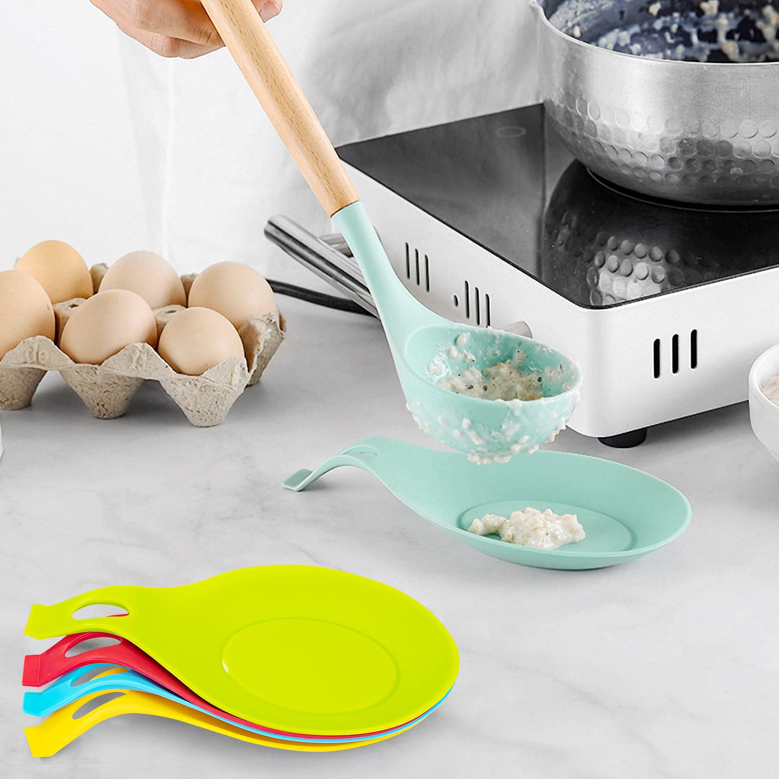 Repose-Cuillère Silicone 5 Pièces - Porte Cuillère Cuisine Résistant Chaleur En Forme D'Amande Multicolore