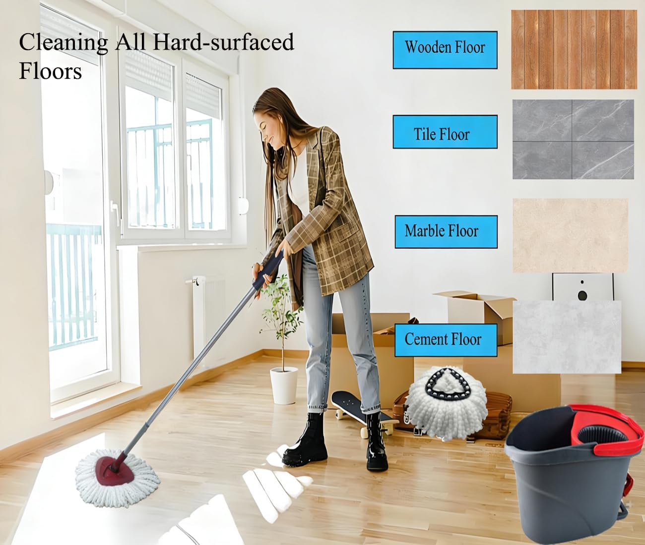 6 Pack Spin Mop Head Replacements Compatible with OCedar Easywring 1 Tank,4 Chenille Duster Mops Pad Refill Compatible with Oceda,Includes 2 PCS Microfiber Mops,White Red Blue,Machine Washable