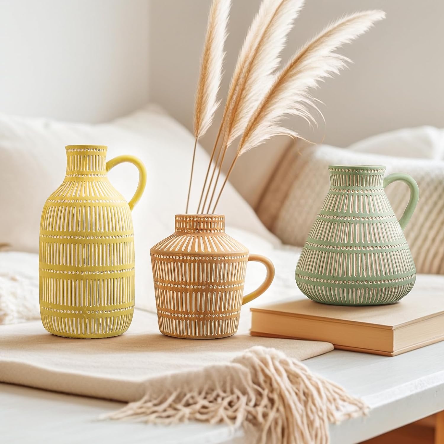 Boho Ceramic Vase Set of 3 for Living Room Bedroom Modern Yellow Brown Green Fake Flower Plant Vases for Home Decor Office Centerpieces Antique Retro Rustic Farmhouse Vintage Classic Gift