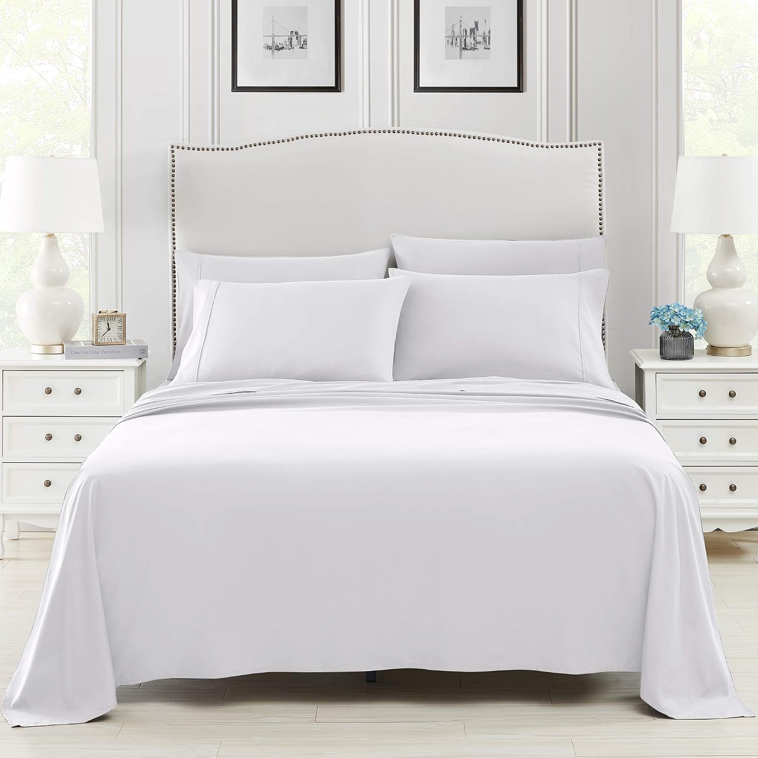 GRT King Bed Sheet Set, 6 PC Super Soft Microfiber Bedding Set, Wrinkle & Fade Resistant Sheet Set, Hotel Quality Fits Mattress Up to 14'' Deep Pocket, White
