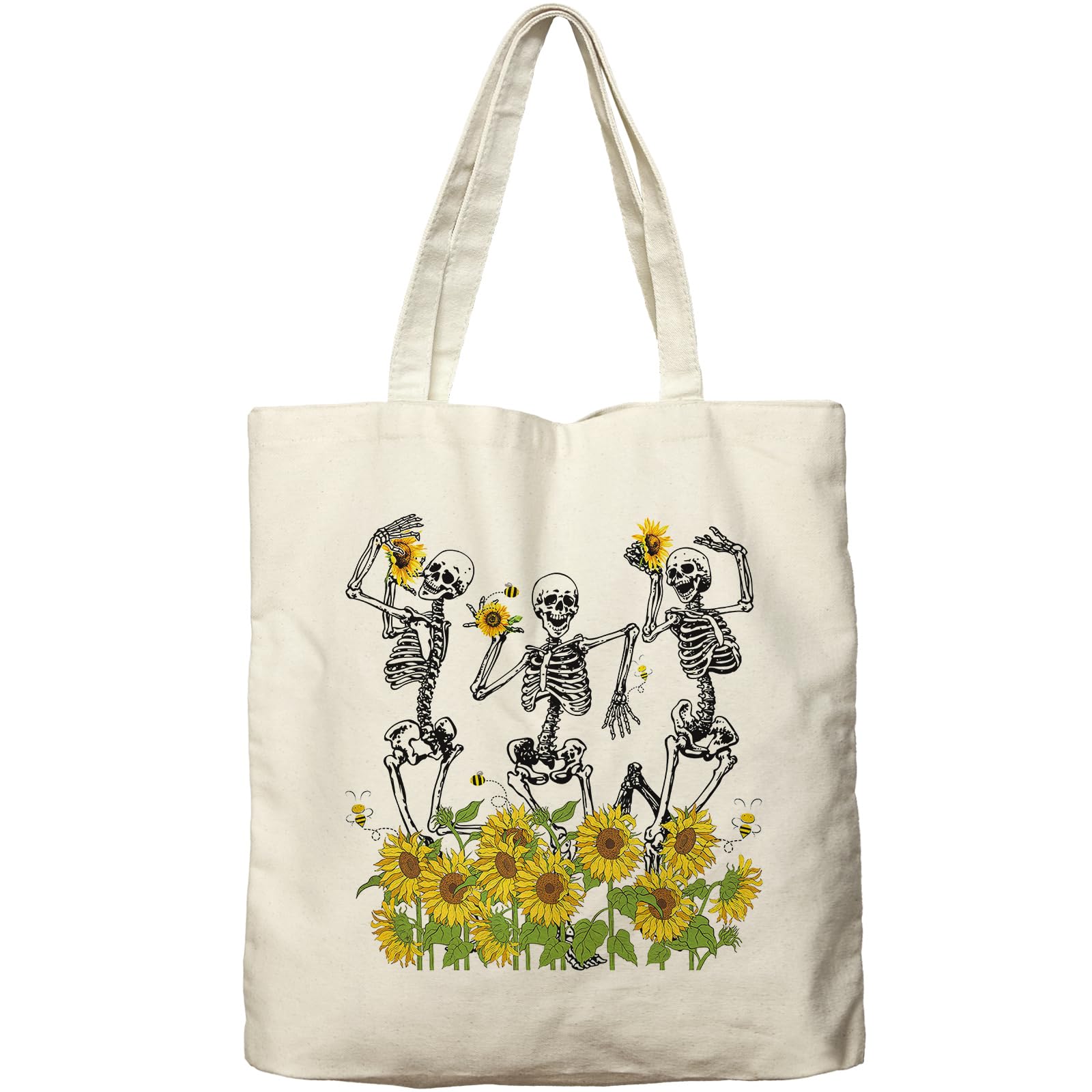 Dlzdn Skull Sunflowers Canvas Tote Bag For Women Aesthetic Funny Floral Skeleton Tote Bag Shopping Grocery Bag Beach Bag Gifts for Women Teacher Bag