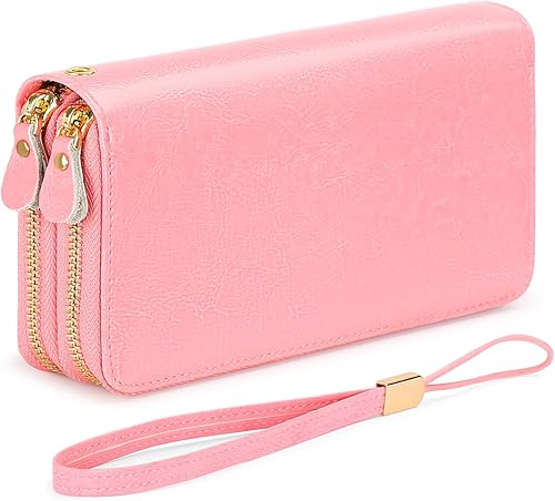 SENDEFN Cartera de cuero para mujer con bloqueo RFID cremallera alrededor del soporte del teléfono embrague pulsera de gran capacidad