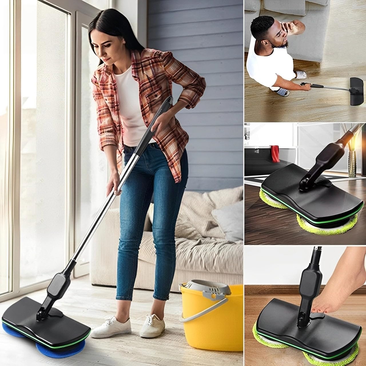 Emocioni mopa eléctrica inalámbrica Recargable con Interruptor de pie y rotación de 180 Grados para Suelos Duros de Madera, Azulejos y laminados con 16 Almohadillas de Limpieza