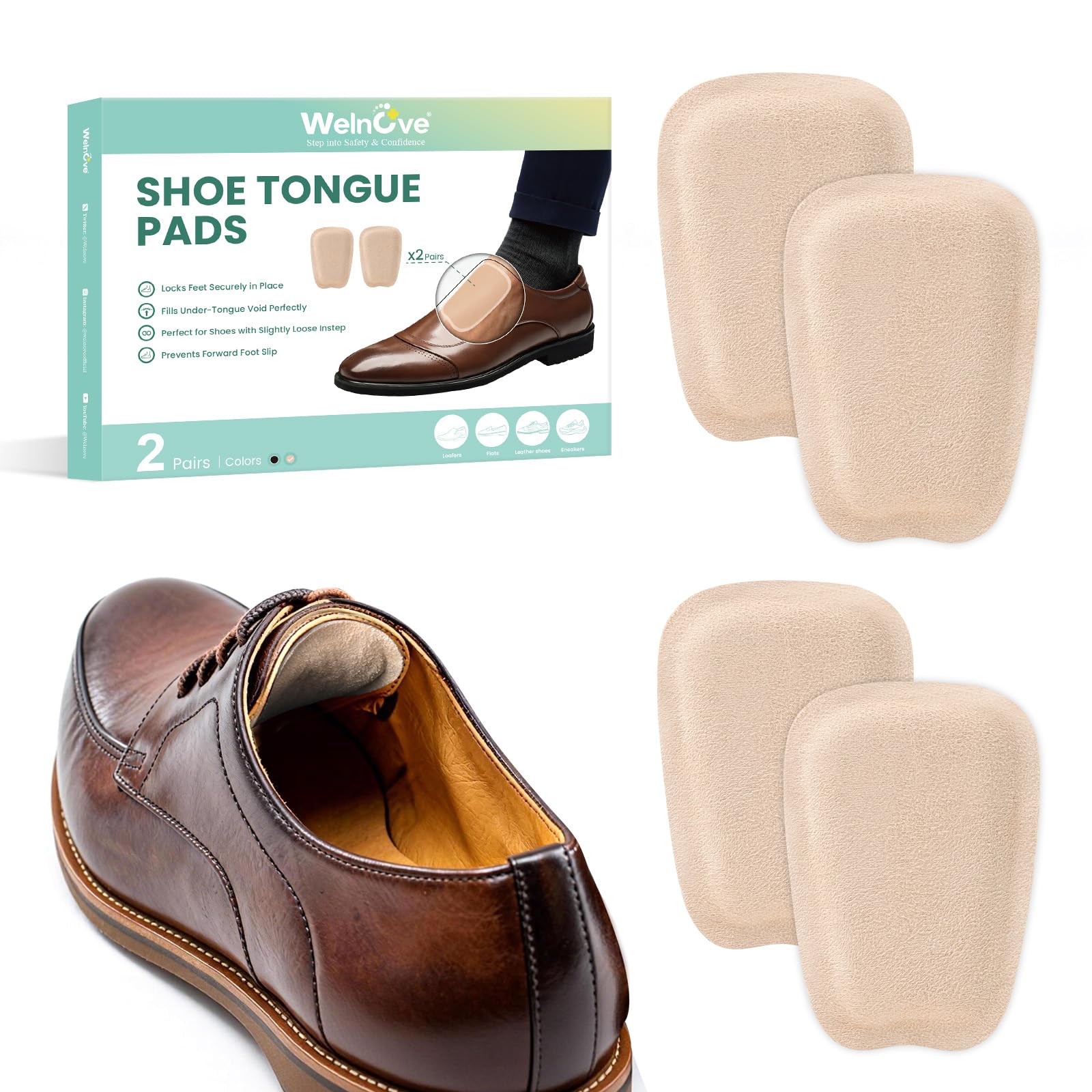 Welnove 2 paires Coussinet Languette Chaussure - Mousse chaussure à mémoire de forme et daim, auto-adhésifs, pour bottes, chaussures en cuir et chaussures de ville, coussinet chaussure trop grande,L