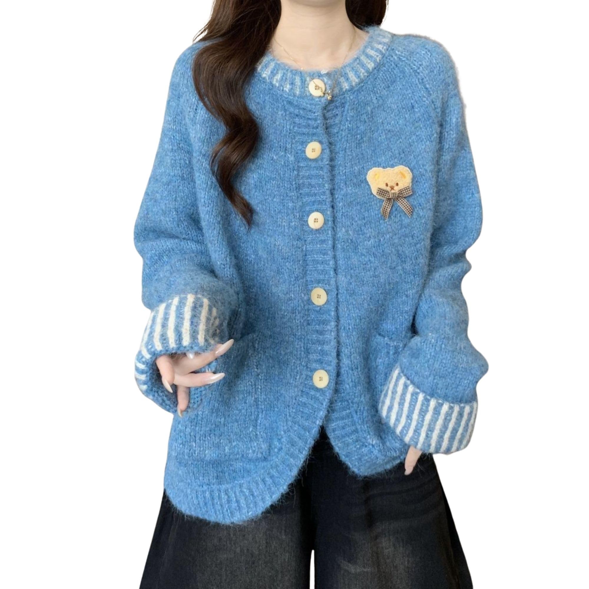 Chevara Womens Cartoon Bear Sweater Cardigan Cute Crew Neck Long Sleeve Button Down Knitted Outerwear Coat