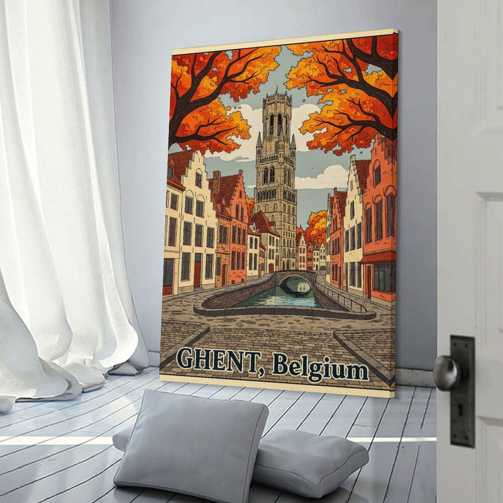 Junmoney Ghent, Belgium Autumn Canal Scene Wall Picture Print, 24x36inch(60x90cm), for New Home Styling, Lounge Or Bedroom, Home Artwork for Modern Interiors
