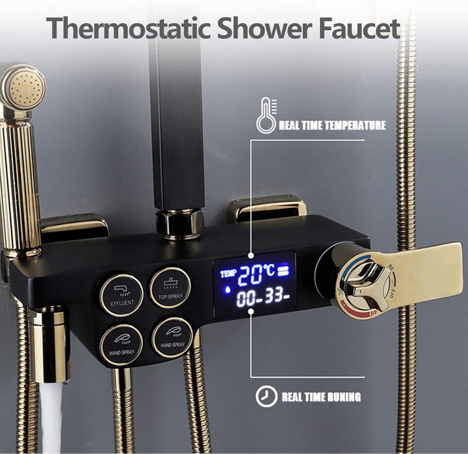 Thermostatic Shower Faucet Set Black Gold, Bathtub Shower Faucet, Shower Head with Hand Shower, Tub Spout, Bidet Shower, Exposed Shower with Temperature Display