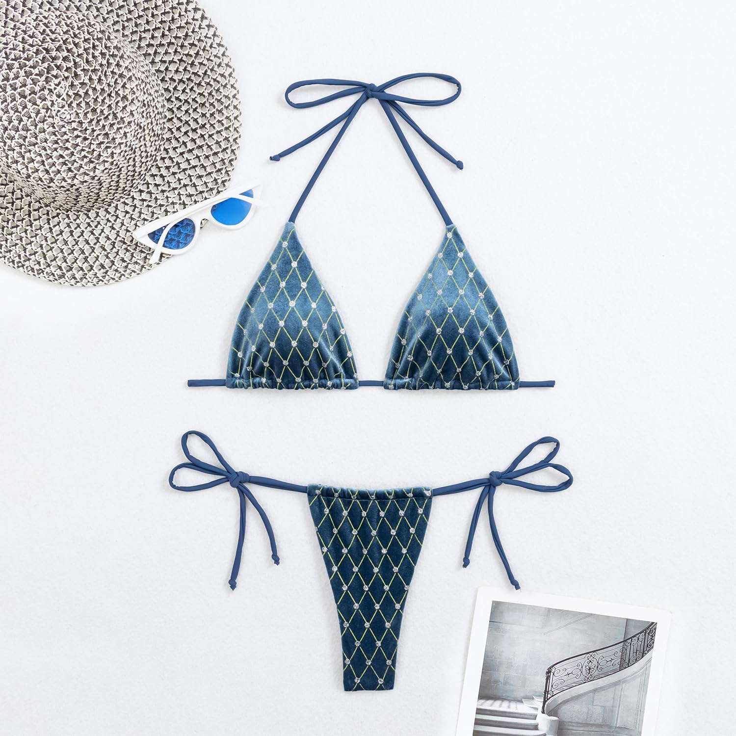 String Triangle Bikini, 2 Piece Womens Bikini Set, Cheeky Cute Sexy Glitter Brazilian Thong - Image 3