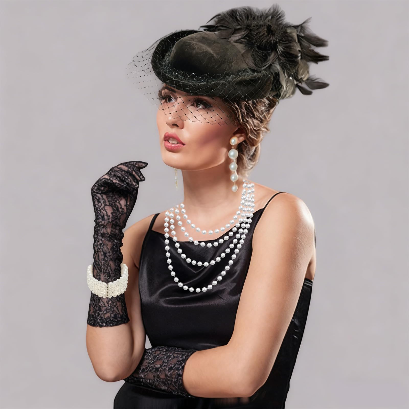 GWAWG Zestaw biżuterii perłowej dla kobiet, naszyjniki z imitacji pereł w stylu vintage, pierścionki, pierścionki i koraliki, akcesoria w stylu lat 20., modna biżuteria na imprezę, studniówkę, wesele