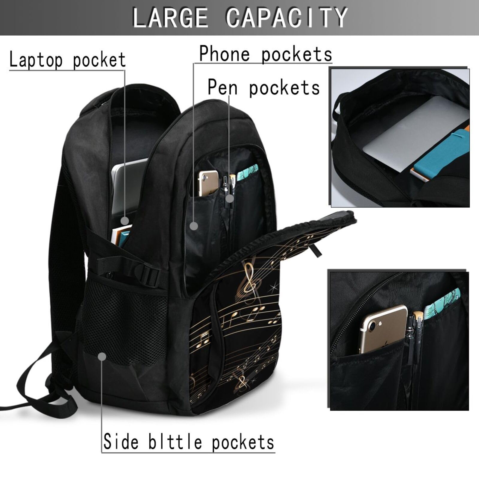 InOmak Musiknoten, Partitur, schwarze Noten, Reiserucksack, Freizeitrucksack, Schulrucksack, Laptop-Rucksack für Damen und Herren