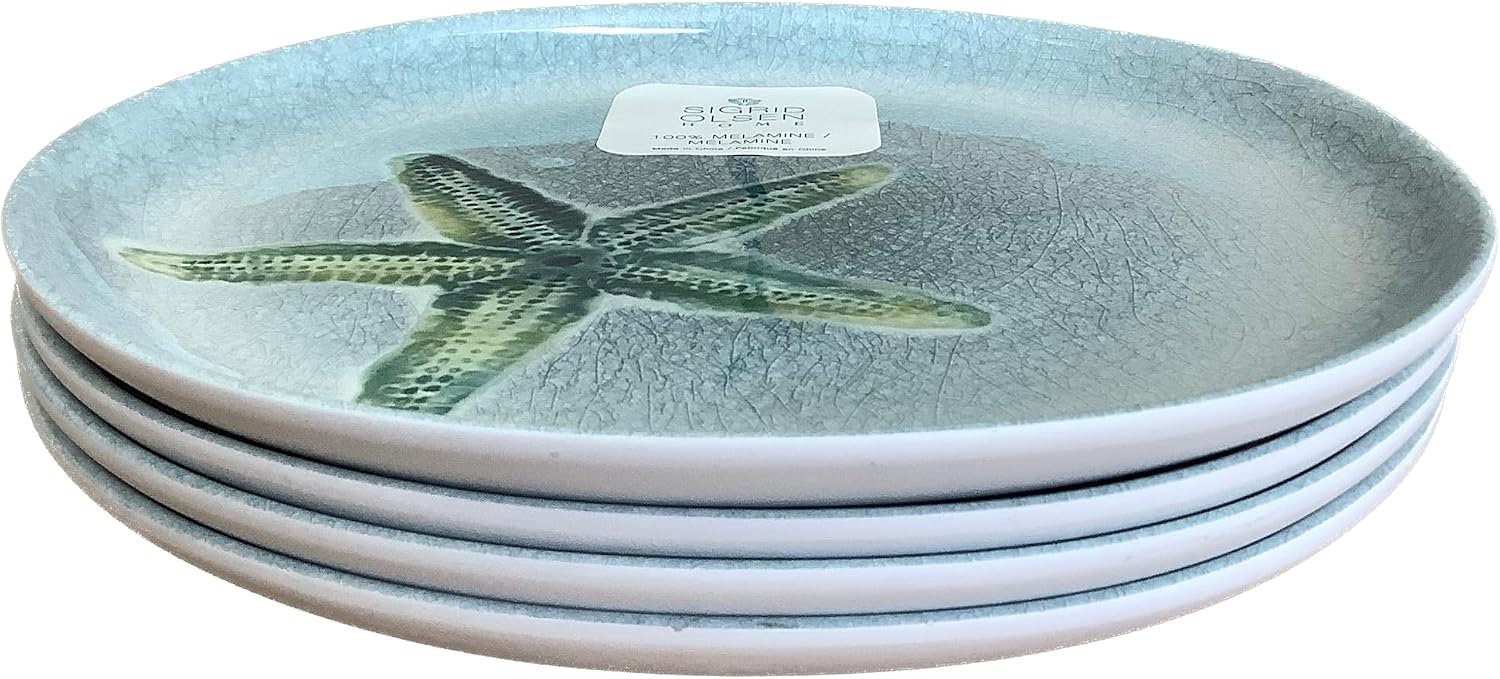 Home Starfish Melamine Dinner Plates, 11x10.5 inches, Set of 4, Coastal Blue Crackle