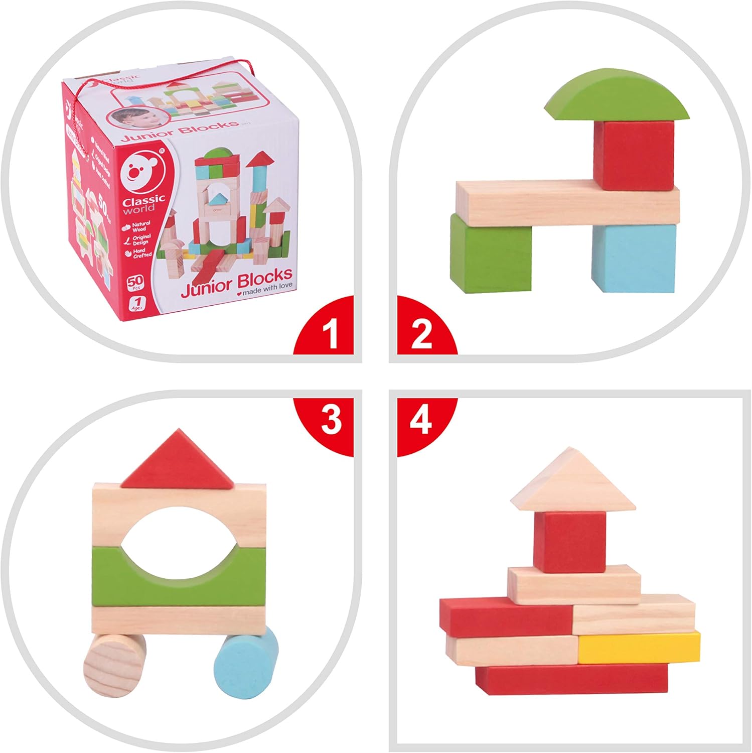 Classic World Junior Blocks 50 Pcs Wooden Stacking Toy for 1 Year Baby Toddler Early Learning Education