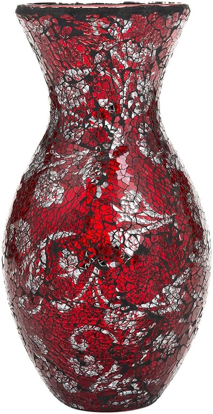 London BoutiqueLarge Vase Vases for Flowers Handmade Decorative Mosaic Glitter Sparkled Glass Gift Present Black White Silver 11" (Red Silver Rose, Small)