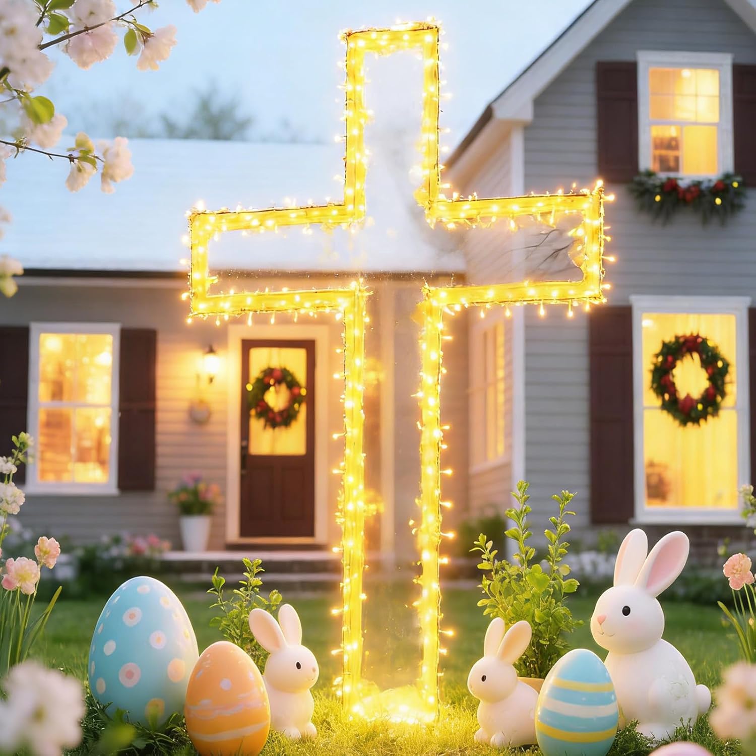 6FT Metal Easter Cross Decor, DIY White Large Standing Cross Light Up Outdoor Easter Decorations w/Ground Stake, Holy Jesus Christ Christian Crosses Religious Yard Decor (W/O Lights)
