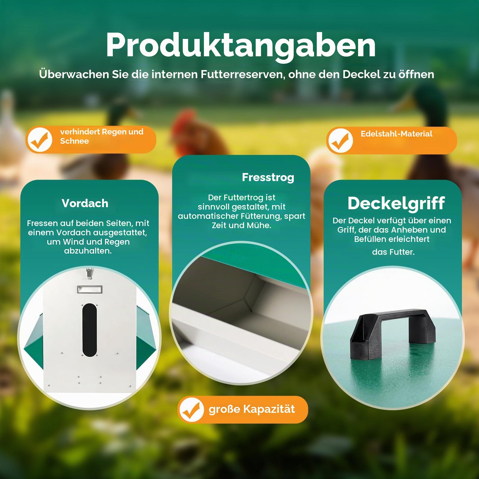 22kg Automatischer Futterautomat HüHner Futtertrog, HüHnerfutter Automat Metall GeflüGelfüTterer, Futterspender mit Deckel SchwerkraftfüTterer füR HüHner Enten GeflüGel GäNse(DunkelgrüN)