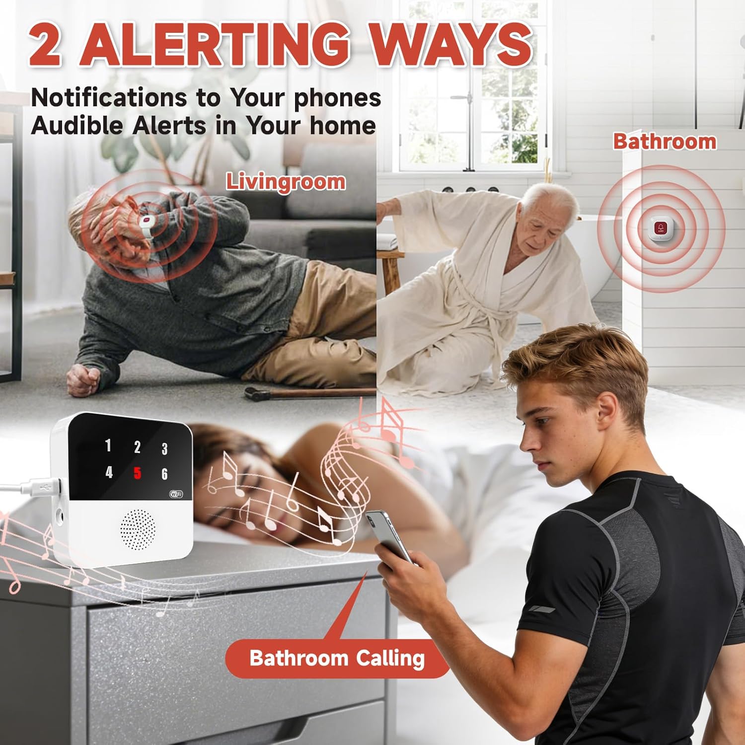 WiFi Caregiver Pager Wireless Call Button - 1 Receiver & 4 Waterproof Panic Buttons, No Monthly Fee, Life Alert Systems, Emergency Alert Button for Elderly, Nurse Call System