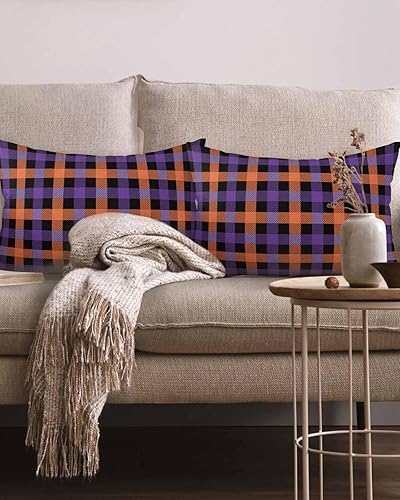 Miniatura 2 de Paquete de 2 fundas de almohada decorativas de algodón, para Halloween, morado, naranja, negro, búfalo, a cuadros, 12 x 20 pulgadas, rectangular,