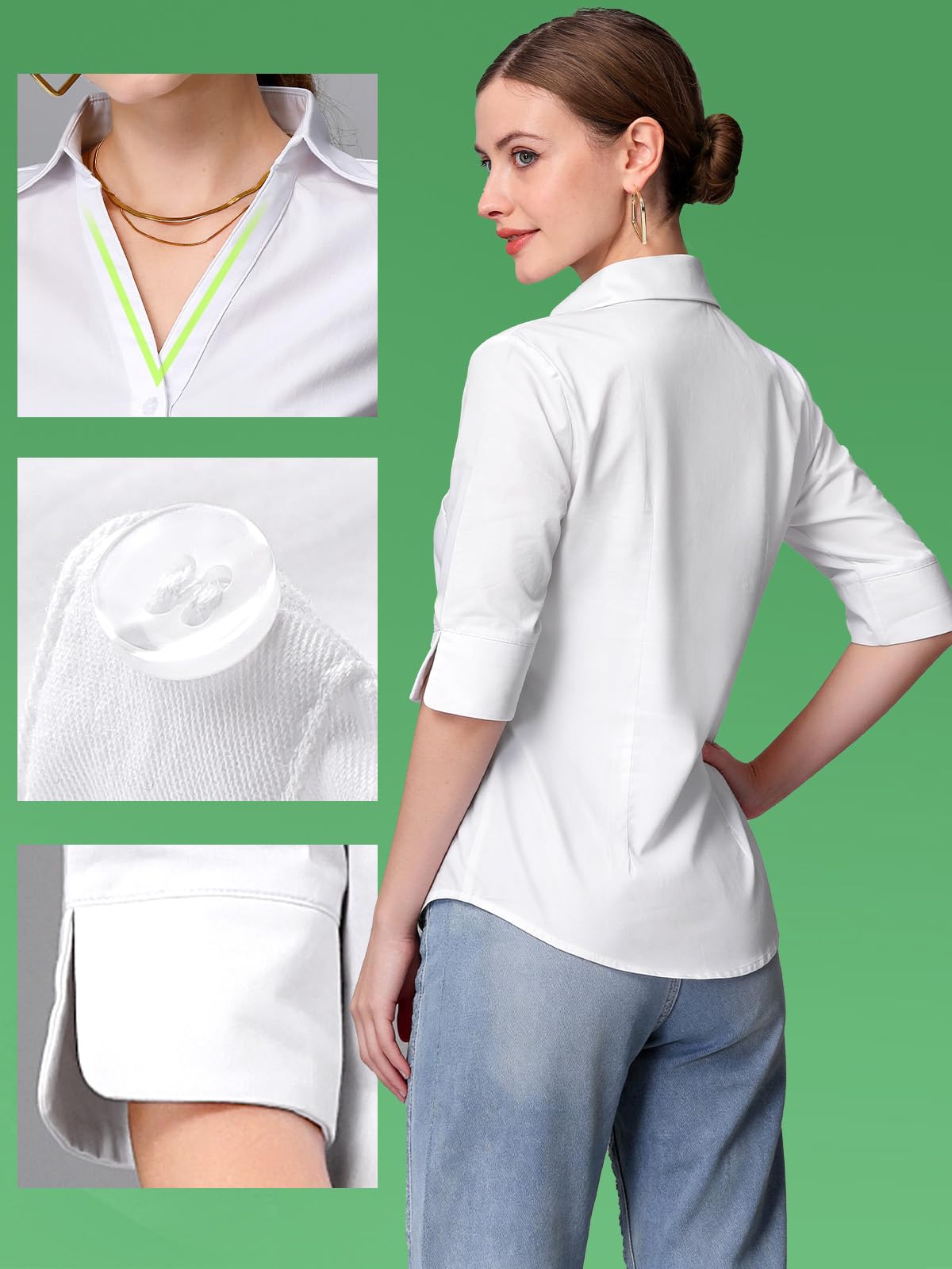 Bluse Damen 3/4 Ärmel Hemdbluse 100% Baumwolle Blusen Damen Sommer V-Ausschnitt Business Blusen Weiße