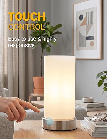 HSLighting Bedside Lamps Touch Control Night Light with Silver Metal Base White Glass Shade 3-Level Dimmable Desk Lamp Minimalist Table Lamp for Bedroom Living Room Children's Room Decor [Energy Class F]