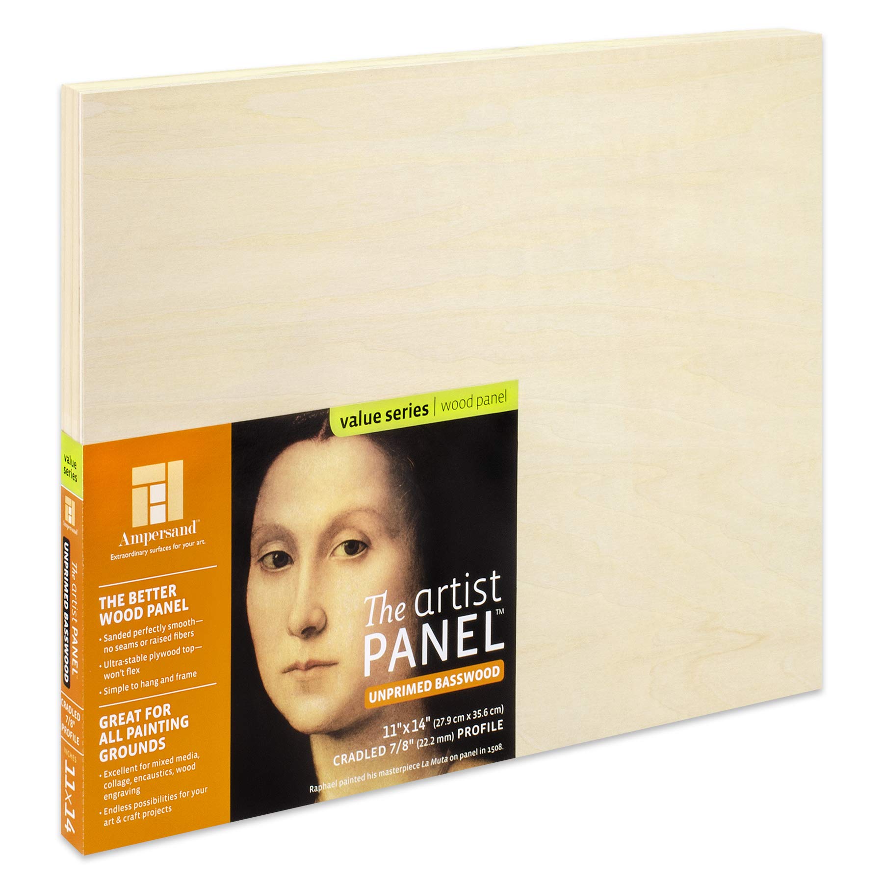 Ampersand Art Supply Unprimed Basswood Artist Panel, 7/8" Cradled Profile, 11 x14