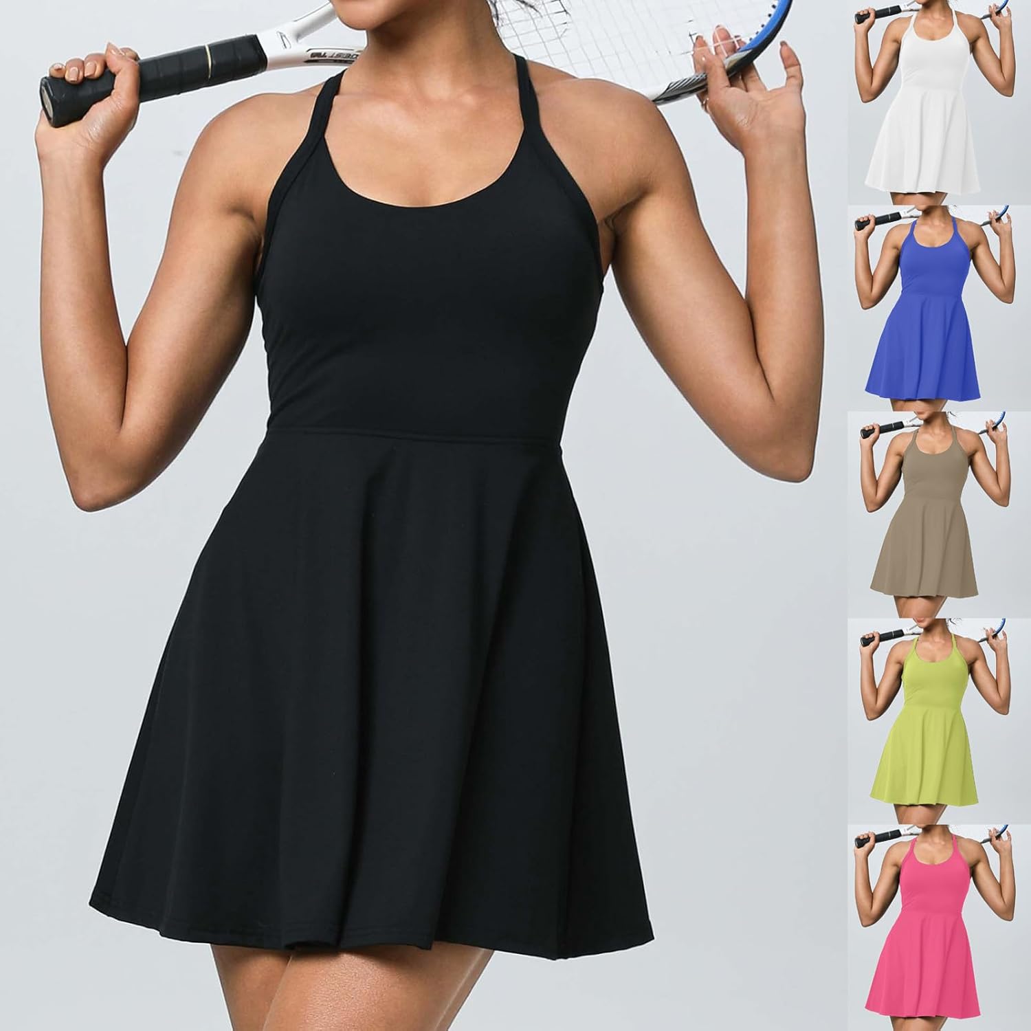 HGps8w Halter Neck Flared Tennis Dress for Women Sleeveless Athletic Golf Mini Dresses Build in Shorts with Pockets