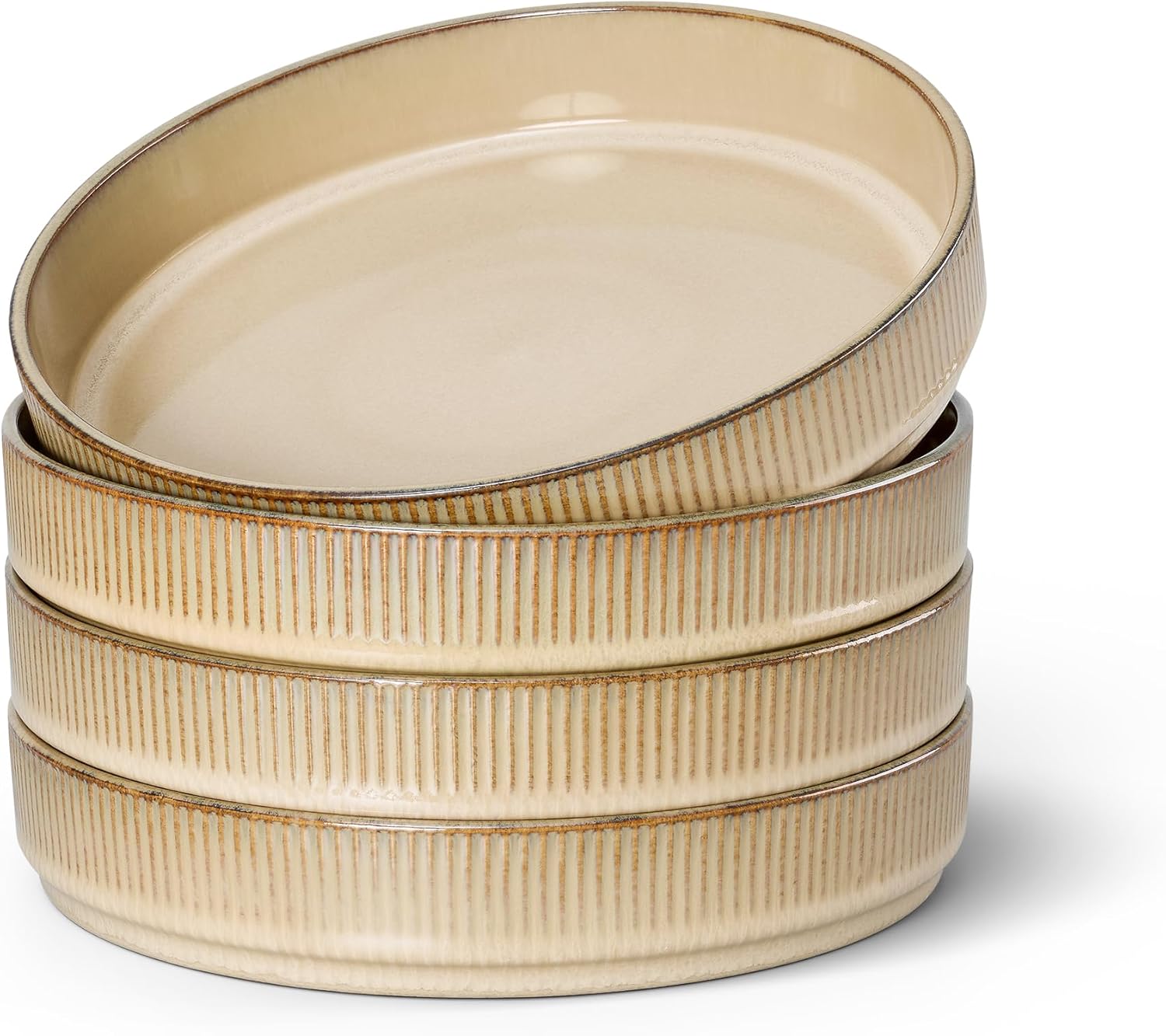 E-far Pasta Bowls Set of 4, 35oz Large Salad Bowl Plate for Dinner Serving, Wide & Shallow Ceramic Stoneware Pasta Plate, Microwave & Dishwasher Safe, Reactive Glaze Textured Stripe, Caramel Khaki 4 Caramel Khaki