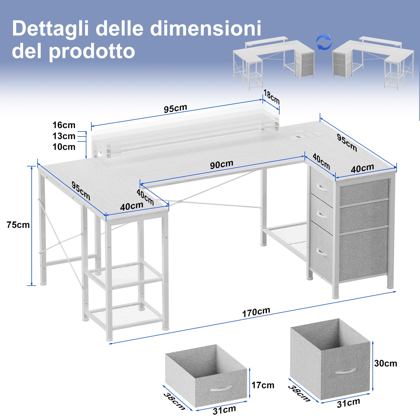 JUMMICO Scrivania da Gaming Angolare a Forma L, 170x90cm con Illuminazione LED, Supporto Monitor Regolabile in Altezza, 3 Cassetti, 2 Prese e 2 Porte USB, Scrivania in Acciaio e Legno, Bianca