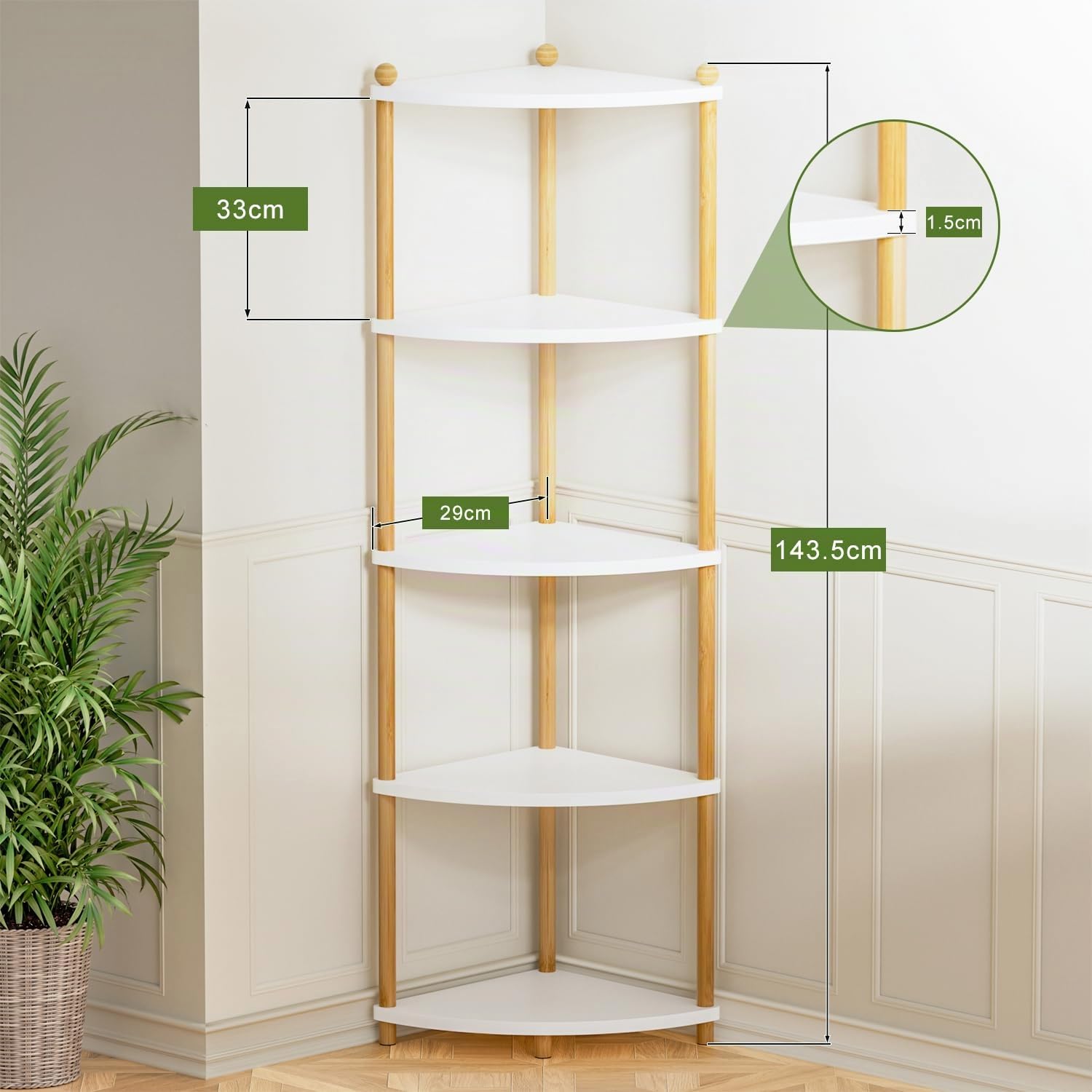 Eckregal stehend mit 5 Ebenen, bücherregal, Standregal, Aufbewahrungsregal, Lagerregal für Küche, Bad, Wohnzimmer, Büro, 143.5 x 29 x 29 cm, Weiß