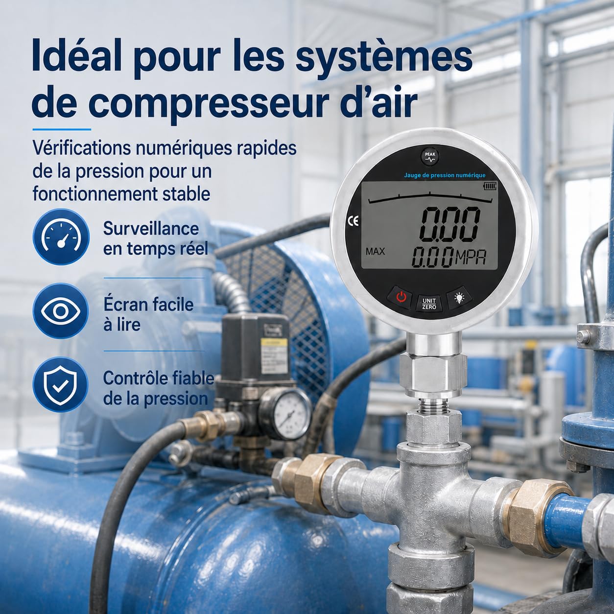 Manomètre Hydraulique Digital, Manomètre numérique hydraulique en acier inoxydable avec écran LCD éclairé pour eau, gaz, huile 400 bar, 0-40 MPa, 10000 PSI avec connecteur G1/4