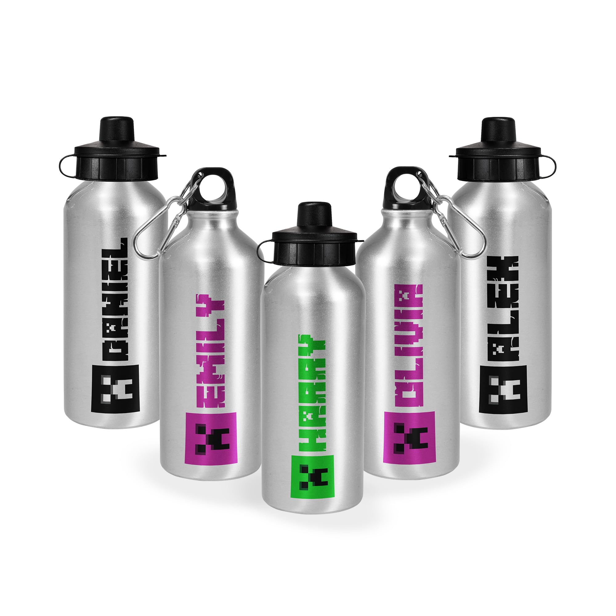 Print Maniacs Personalised Water Bottle School Sport Cap Drink White Silver 600ml or 400ml Aluminium Kid Boys Girls Biking Gift Mine Icon (Silver, 600ml)