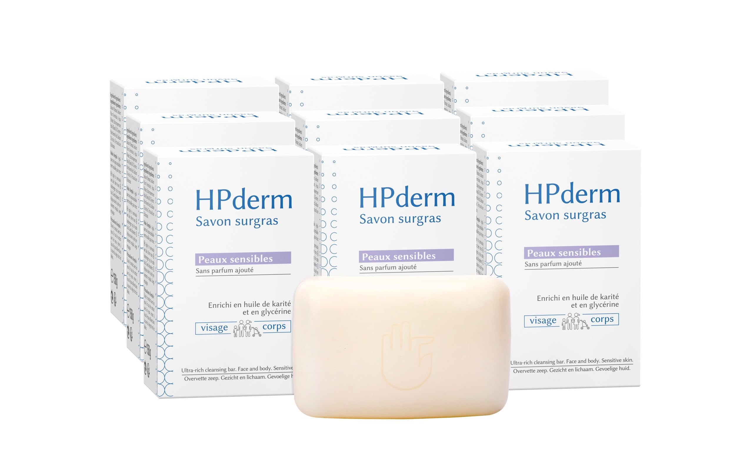 Seti di 9 - HPderm Sapone surgrasso - Pelle sensibile - 99,95% di ingredienti naturali - Con olio di karitè e glicerina - Famiglia di cui neonati - pH neutro, senza profumo - 150 gr